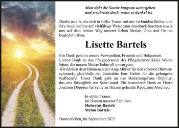 Traueranzeige von Lisette Bartels  von Magdeburger Volksstimme