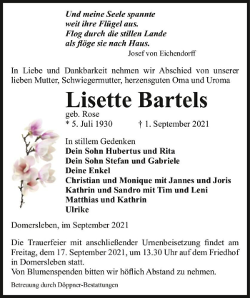Traueranzeige von Lisette Bartels (geb. Rose)  von Magdeburger Volksstimme