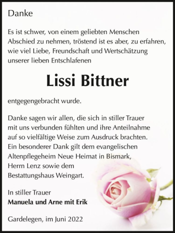 Traueranzeige von Lissi Bittner  von Magdeburger Volksstimme