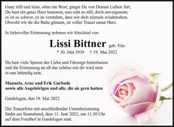 Traueranzeige von Lissi Bittner (geb. Eitz)  von Magdeburger Volksstimme