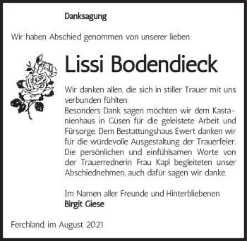 Traueranzeige von Lissi Bodendieck  von Magdeburger Volksstimme