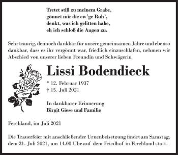 Traueranzeige von Lissi Bodendieck  von Magdeburger Volksstimme