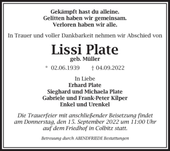 Traueranzeige von Lissi Plate (geb. Müller)  von Magdeburger Volksstimme