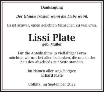 Traueranzeige von Lissi Plate (geb. Müller)  von Magdeburger Volksstimme