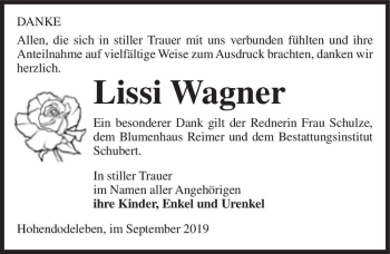 Traueranzeige von Lissi Wagner  von Magdeburger Volksstimme
