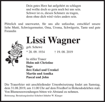 Traueranzeige von Lissi Wagner (geb. Schewe)  von Magdeburger Volksstimme