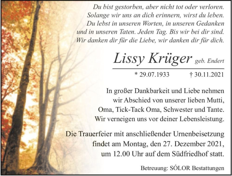  Traueranzeige für Lissy Krüger (geb. Endert)  vom 11.12.2021 aus Magdeburger Volksstimme