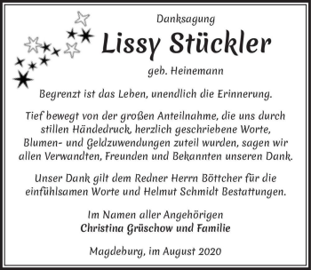 Traueranzeige von Lissy Stückler (geb. Heinemann)  von Magdeburger Volksstimme