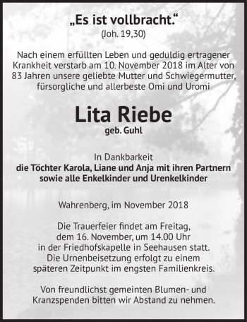 Traueranzeige von Lita Riebe (geb. Guhl)  von Magdeburger Volksstimme