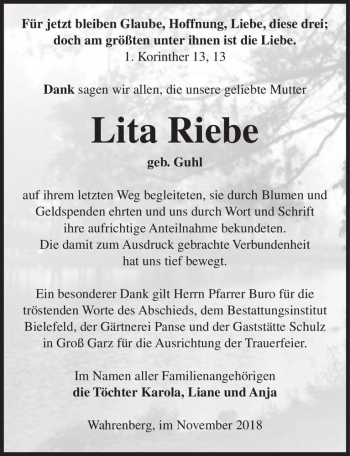 Traueranzeige von Lita Riebe (geb. Guhl)  von Magdeburger Volksstimme