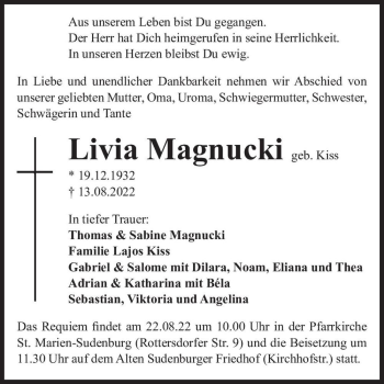 Traueranzeige von Livia Magnucki (geb. Kiss)  von Magdeburger Volksstimme