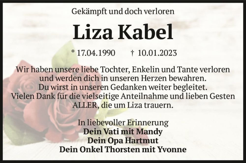  Traueranzeige für Liza Kabel  vom 04.02.2023 aus Magdeburger Volksstimme