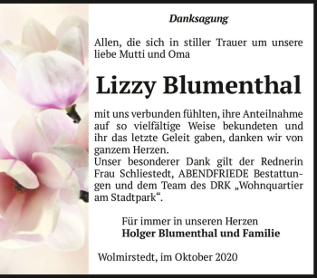 Traueranzeige von Lizzy Blumenthal  von Magdeburger Volksstimme
