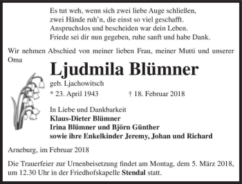 Traueranzeige von Ljudmila Blümner (geb. Ljachowitsch)  von Magdeburger Volksstimme