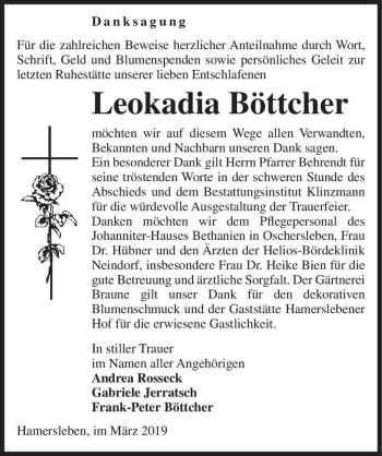 Traueranzeige von Loekadia Böttcher  von Magdeburger Volksstimme