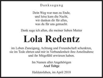 Traueranzeige von Lola Redentz  von Magdeburger Volksstimme