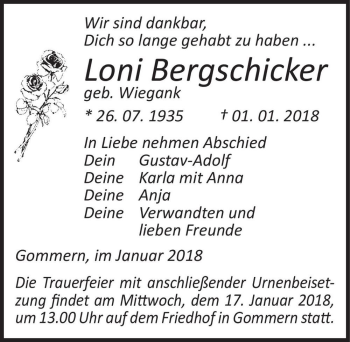 Traueranzeige von Loni Bergschicker (geb. Wiegank)  von Magdeburger Volksstimme