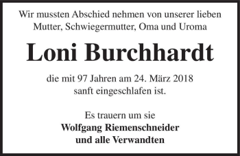 Traueranzeige von Loni Burchhardt  von Magdeburger Volksstimme