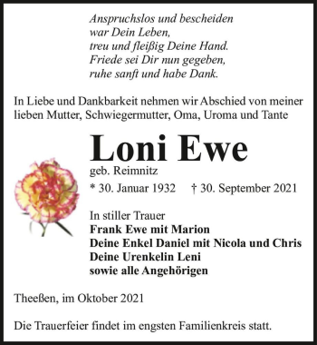 Traueranzeige von Loni Ewe (geb. Reimnitz)  von Magdeburger Volksstimme