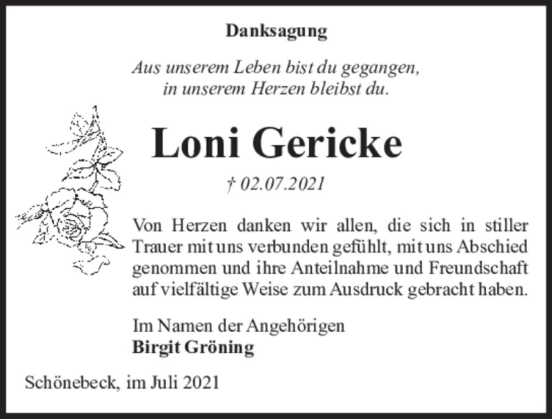 Traueranzeige für Loni Gericke  vom 31.07.2021 aus Magdeburger Volksstimme