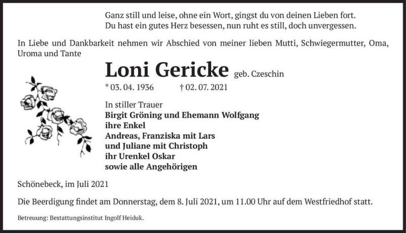  Traueranzeige für Loni Gericke (geb. Czeschin)  vom 07.07.2021 aus Magdeburger Volksstimme