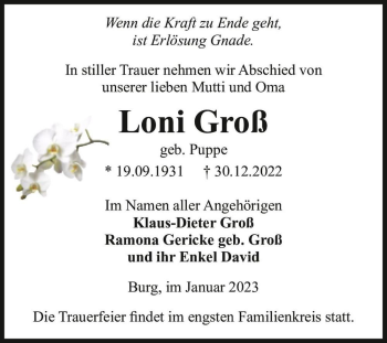 Traueranzeige von Loni Groß (geb. Puppe)  von Magdeburger Volksstimme