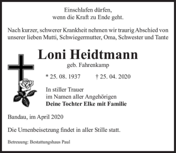 Traueranzeige von Loni Heidtmann (geb. Fahrenkamp)  von Magdeburger Volksstimme