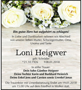 Traueranzeige von Loni Heigwer (geb. Schröder)  von Magdeburger Volksstimme