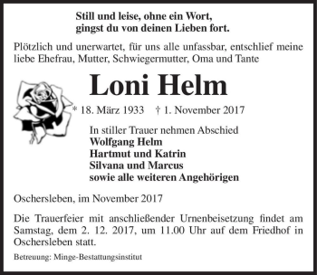 Traueranzeige von Loni Helm  von Magdeburger Volksstimme