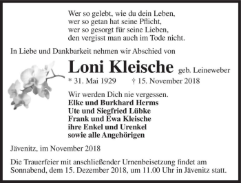 Traueranzeige von Loni Kleische (geb. Leineweber)  von Magdeburger Volksstimme