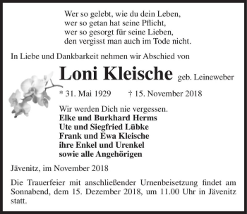 Traueranzeige von Loni Kleische (geb. Leineweber)  von Magdeburger Volksstimme