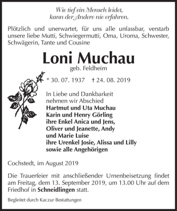Traueranzeige von Loni Muchau (geb. Feldheim)  von Magdeburger Volksstimme