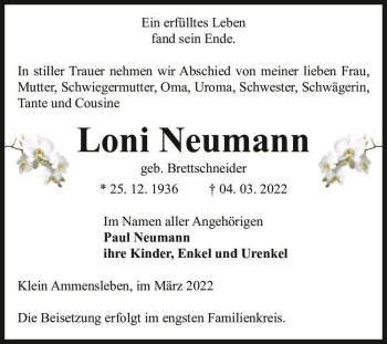 Traueranzeige von Loni Neumann (geb. Brettschneider)  von Magdeburger Volksstimme