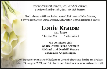 Traueranzeige von Lonie Krause (geb. Taege)  von Magdeburger Volksstimme