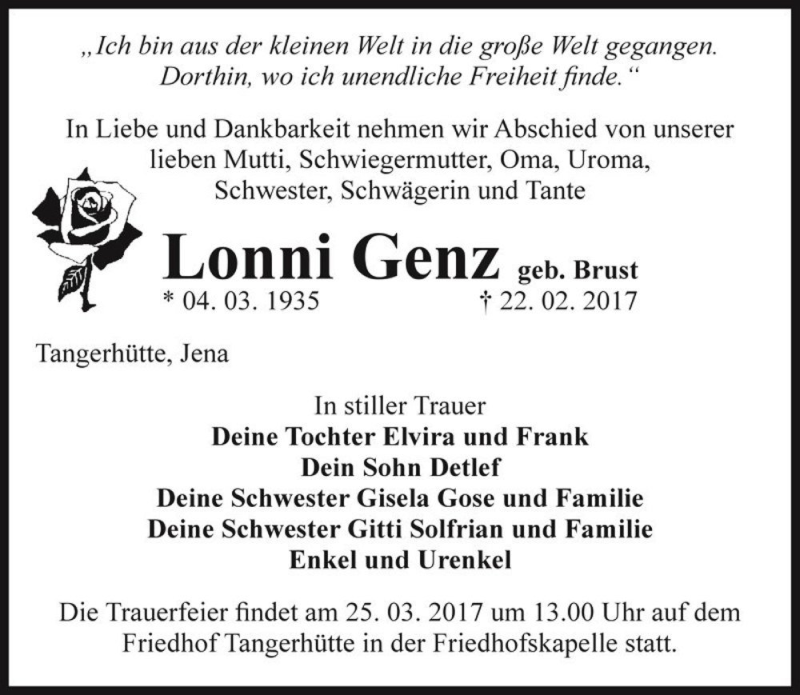  Traueranzeige für Lonni Genz (geb. Brust)  vom 08.03.2017 aus Magdeburger Volksstimme