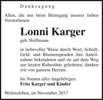 Traueranzeige von Lonni Karger (geb. Hoffmann)  von Magdeburger Volksstimme