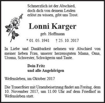 Traueranzeige von Lonni Karger (geb. Hoffmann)  von Magdeburger Volksstimme