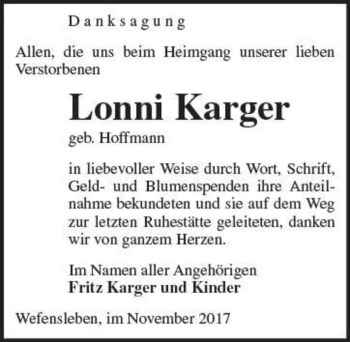 Traueranzeige von Lonni Karger (geb. Hoffmann)  von Magdeburger Volksstimme