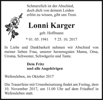 Traueranzeige von Lonni Karger (geb. Hoffmann)  von Magdeburger Volksstimme