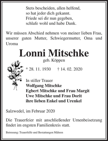 Traueranzeige von Lonni Mitschke (geb. Köppen)  von Magdeburger Volksstimme