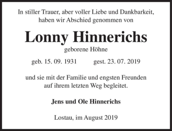 Traueranzeige von Lonny Hinnerichs (geb. Höhne)  von Magdeburger Volksstimme