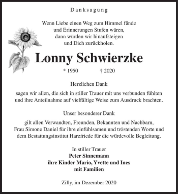 Traueranzeige von Lonny Schwierzke  von Magdeburger Volksstimme