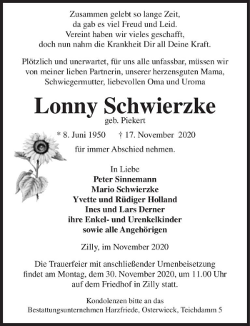 Traueranzeige von Lonny Schwierzke (geb. Piekert)  von Magdeburger Volksstimme