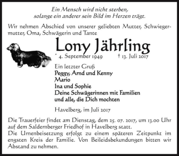 Traueranzeige von Lony Jährling  von Magdeburger Volksstimme