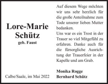Traueranzeige von Lore-Marie Schütz (geb. Faust)  von Magdeburger Volksstimme