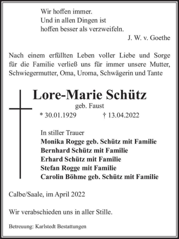 Traueranzeige von Lore-Marie Schütz (geb. Faust)  von Magdeburger Volksstimme