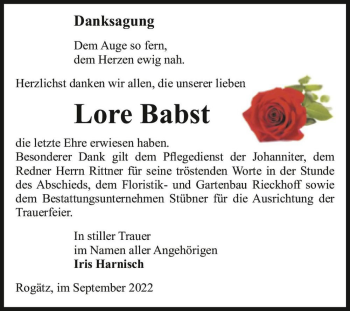 Traueranzeige von Lore Babst  von Magdeburger Volksstimme