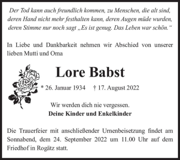 Traueranzeige von Lore Babst  von Magdeburger Volksstimme