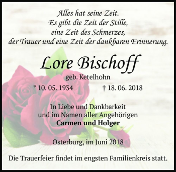 Traueranzeige von Lore Bischoff (geb. Ketelhohn)  von Magdeburger Volksstimme