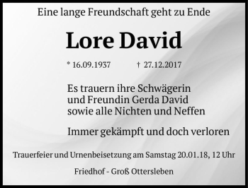 Traueranzeige von Lore David  von Magdeburger Volksstimme
